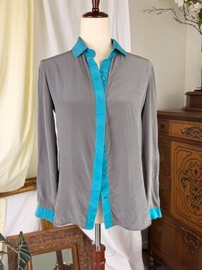Silk Blouse Made in USA by Amanda Uprichard Teal Grey S Office Summer Chic